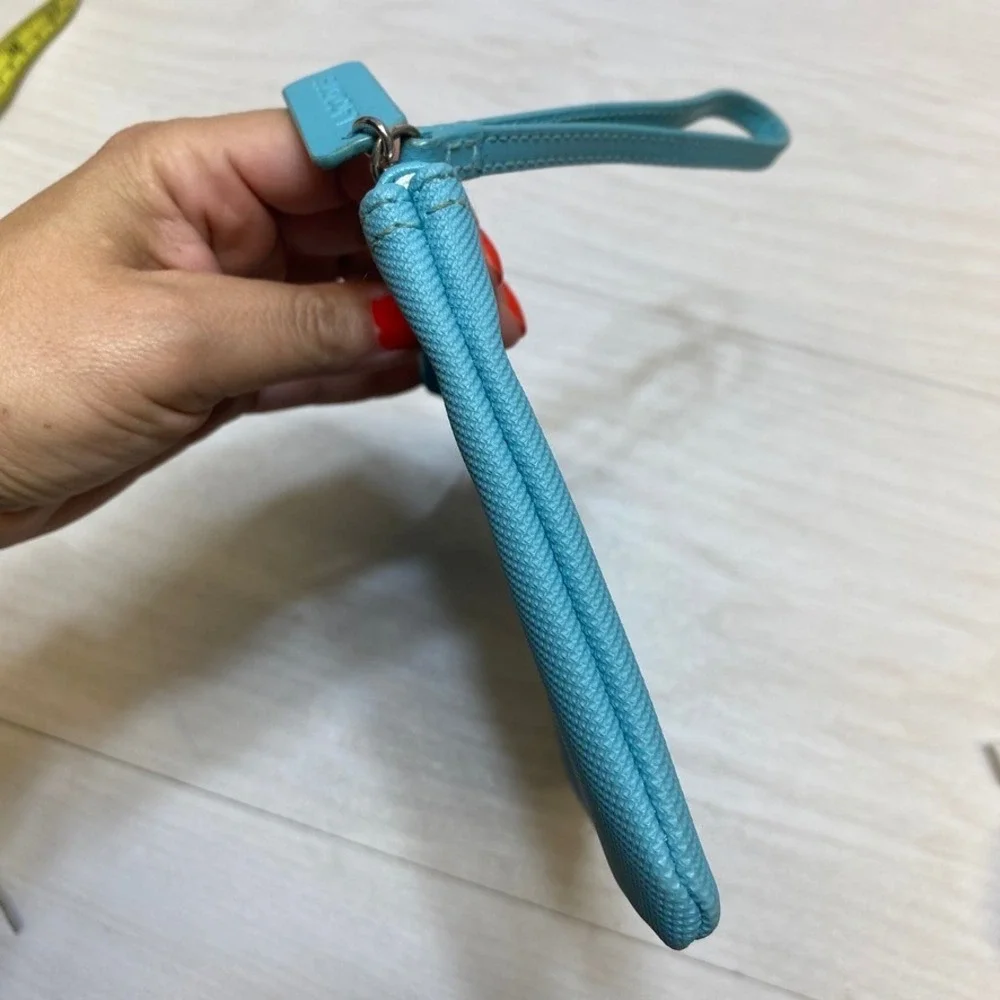 Lacoste Turquoise Blue Textured PVC Wristlet Pouch Zip Clutch‎ Bag